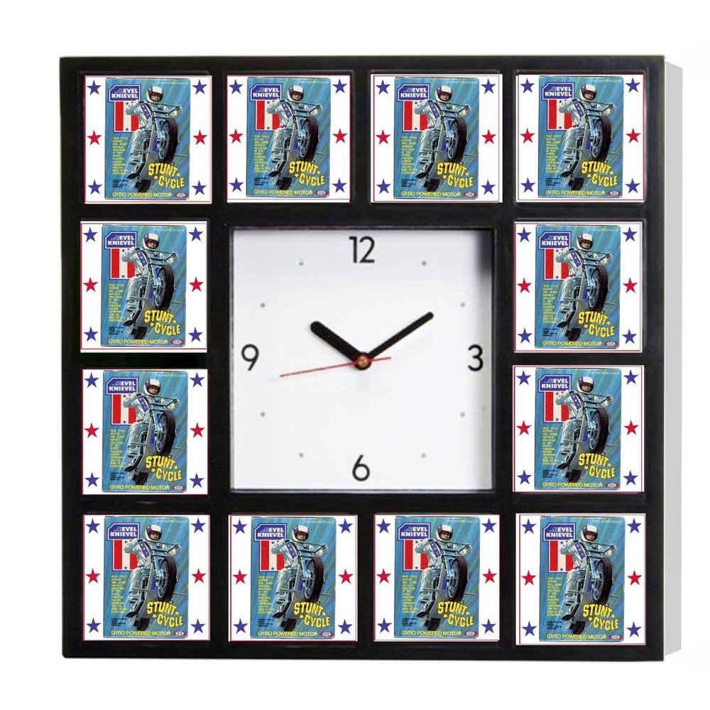 Evel Knievel Stunt Cycle Clock promo around the Clock with 12 surrounding images